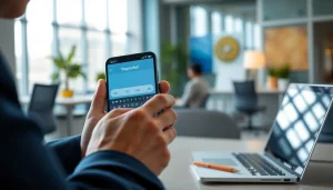 Engaging with Sogou输入法 on a smartphone in a modern workspace.