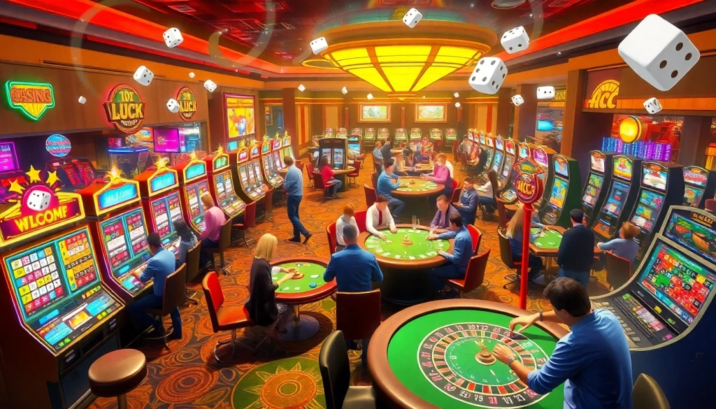 KJC AC vibrant casino scene showcasing poker, roulette, and slot machines for an engaging gambling experience.