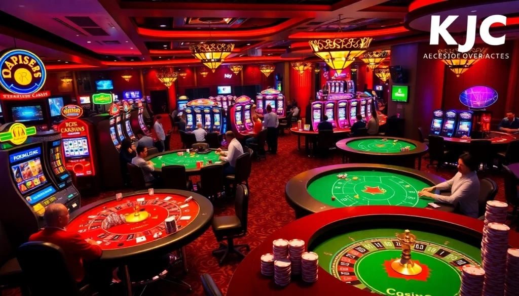 This exciting image showcases KJC AC's vibrant casino floor, featuring tables of blackjack, poker, slot machines, and roulette wheels.