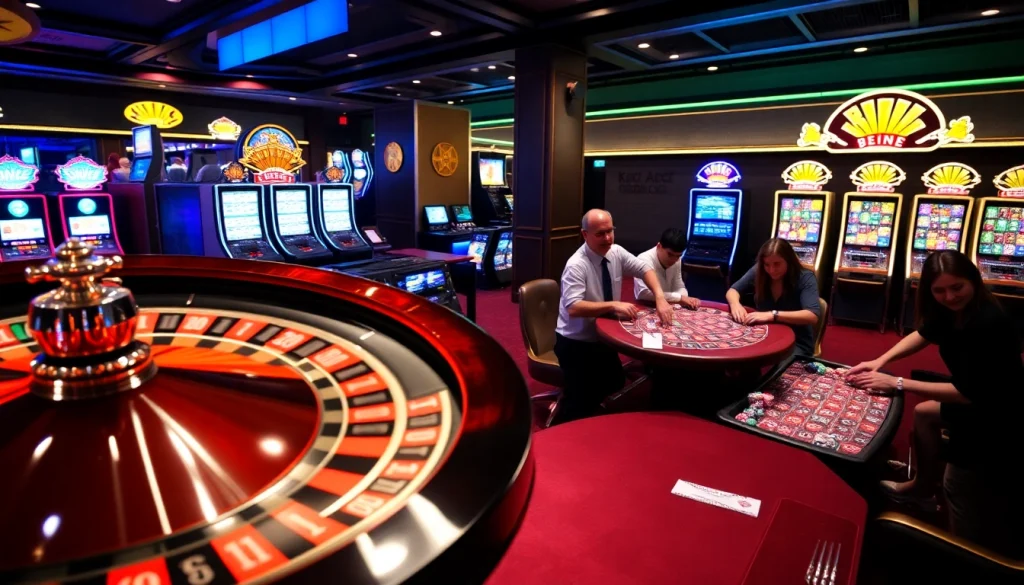 A lively casino atmosphere featuring KJC AC with poker tables, roulette wheels, and slot machines.