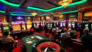 Casino gaming atmosphere at KJC AC with players at tables and slot machines.