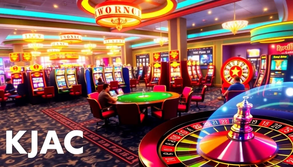 A lively casino scene at KJC AC featuring poker tables, roulette, and slot machines.
