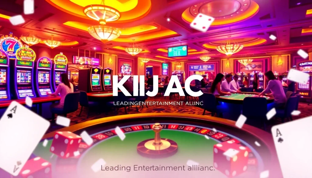KJC AC vibrant casino gaming table with players engaging in slots, poker, and roulette.