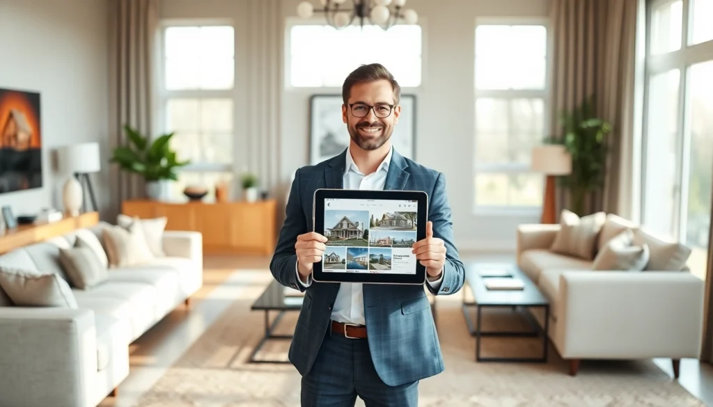 Real Estate agent showcasing properties in a beautifully staged living room setting.