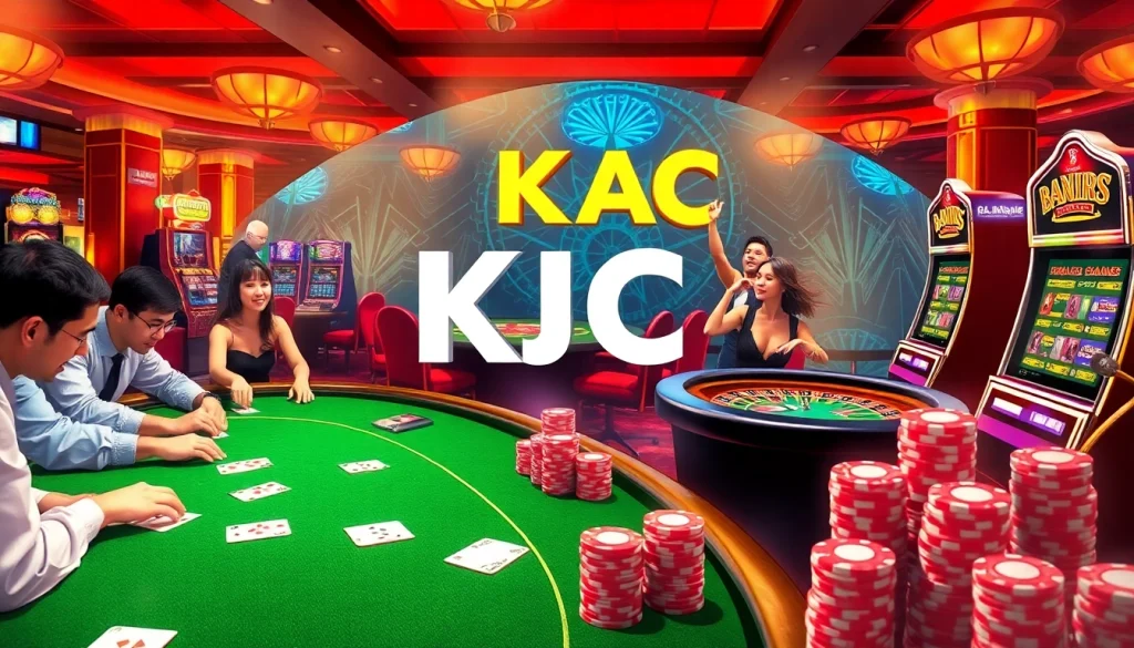 KJC AC casino scene with engaging players at vibrant tables, depicting excitement in gambling with cards, dice, and slots.