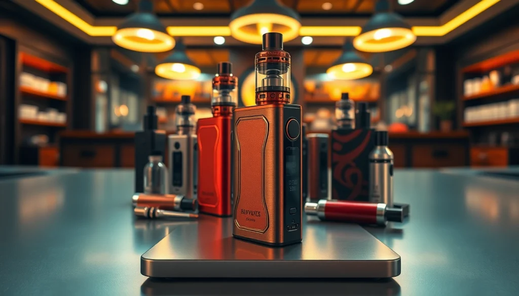 Experience a range of sophisticated box mods displayed with elegance and modern design in a vape shop.