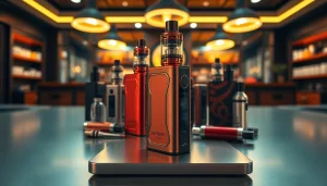 Experience a range of sophisticated box mods displayed with elegance and modern design in a vape shop.