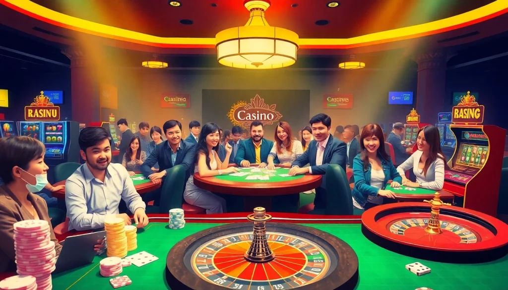 KJC AC casino tables with poker chips and roulette wheel, capturing thrilling gaming experience.