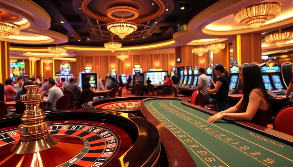 A lively casino atmosphere showcasing KJC AC with roulette, poker tables, and vibrant gaming elements.