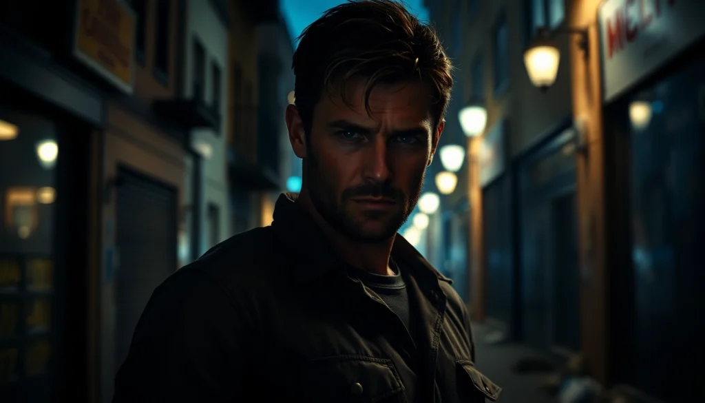 Depicting a rugged hero in a suspenseful urban scene, evoking vibes Like Reacher thrilling adventures.