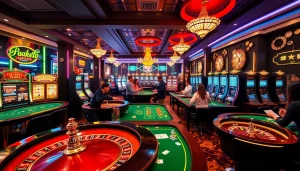 KJC AC casino scene featuring players at tables with slot machines, poker chips, and a roulette wheel.