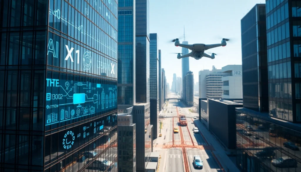 Showcasing advanced Technology in a futuristic cityscape with innovative gadgets and architecture.