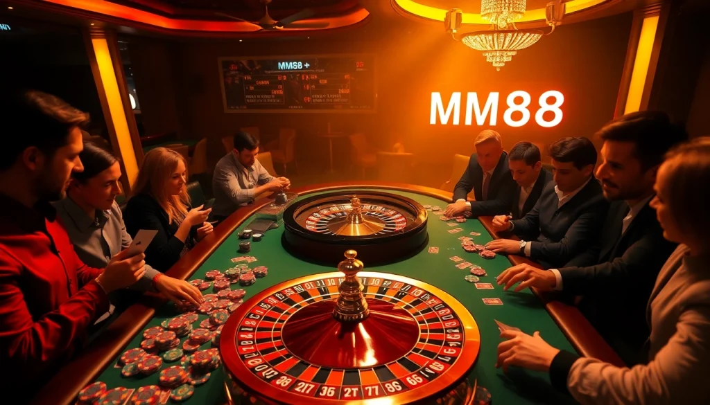Experience the thrill of MM88 as players engage at the lively blackjack table, surrounded by roulette and poker chips.