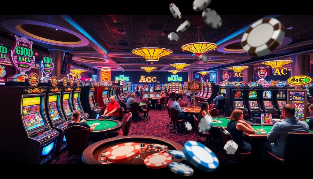 KJC AC casino action with poker tables, slot machines, and roulette wheels.