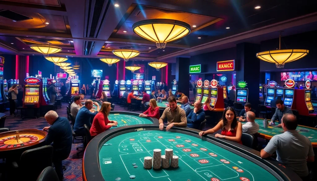 A thrilling scene of a casino at KJC AC with players at tables, roulette wheels, and colorful slot machines.
