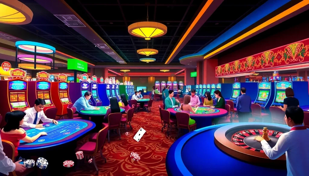 Casino gaming scene with vibrant tables, KJC AC branding, and players engaging in exciting games.