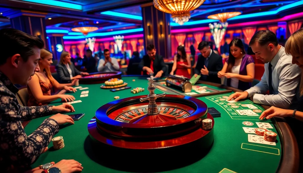A stunning casino scene at KJC AC with roulette wheel, poker chips, and excited players.
