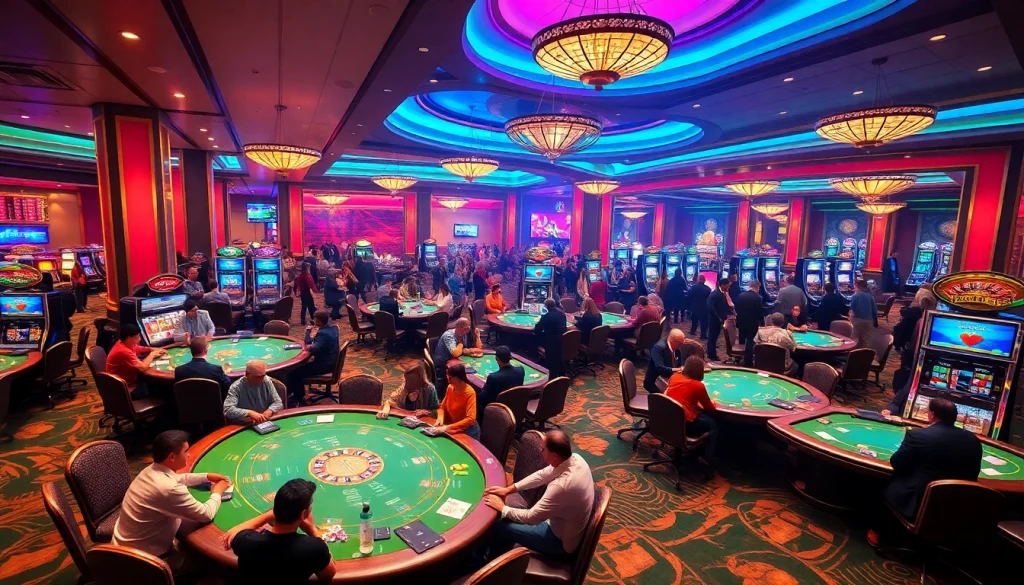Exciting casino atmosphere at KJC AC featuring table games, slot machines, and joyful players.