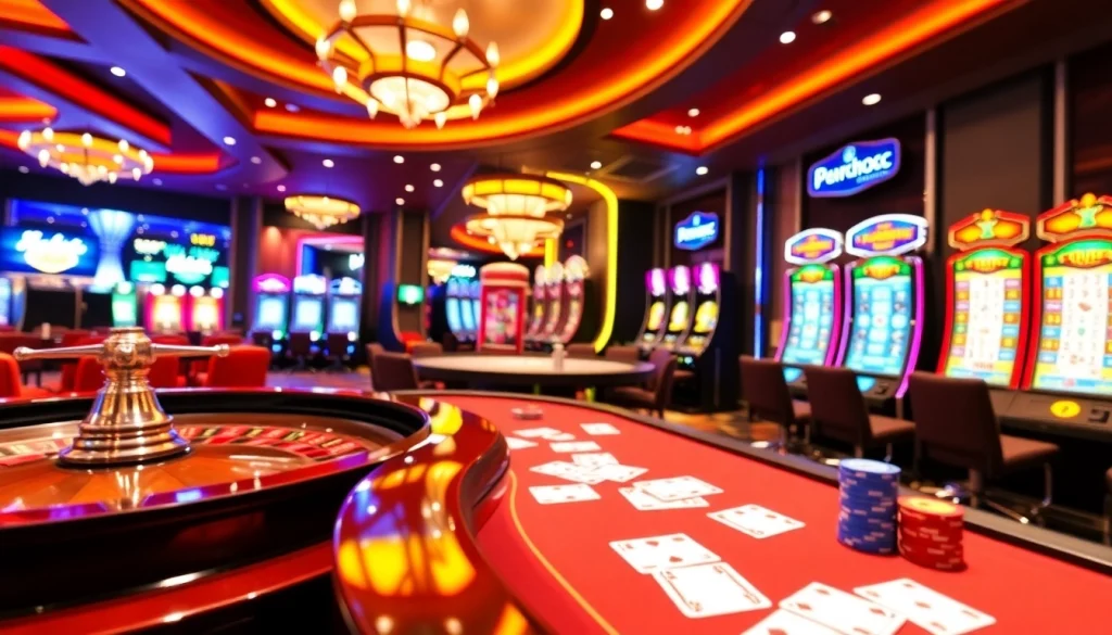 KJC AC casino scene with roulette wheel, poker table, and dynamic slot machines immersing players in thrilling gambling.