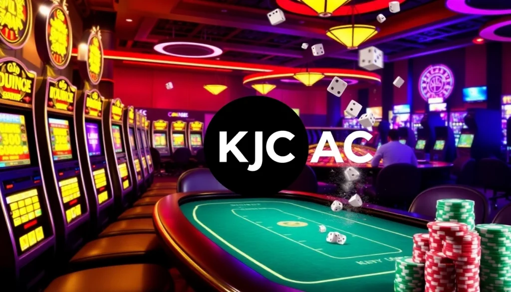 KJC AC casino table with poker players, colorful chips, and a roulette wheel.