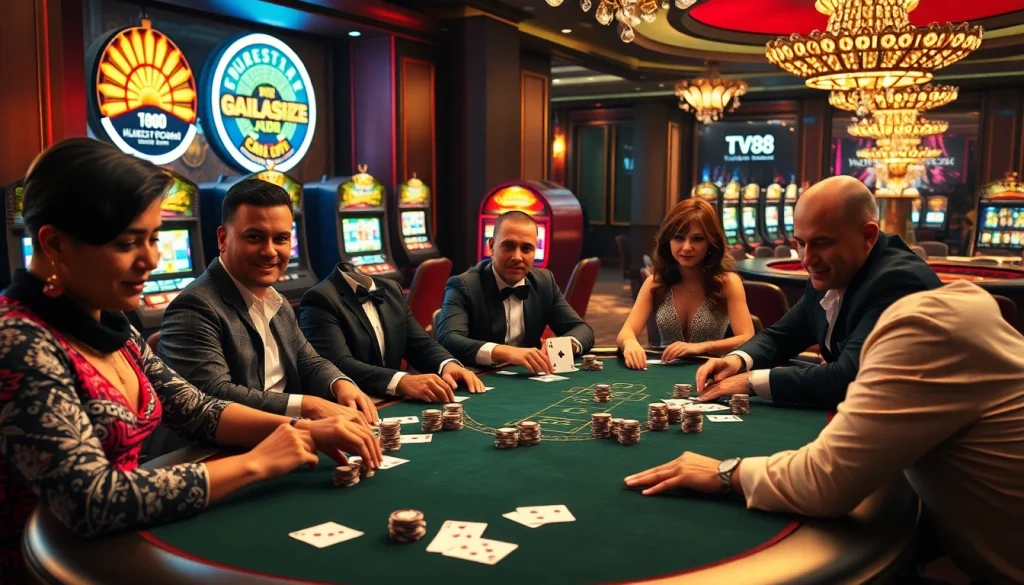 Experience the excitement of poker at TV88 with players immersed in a thrilling casino game.