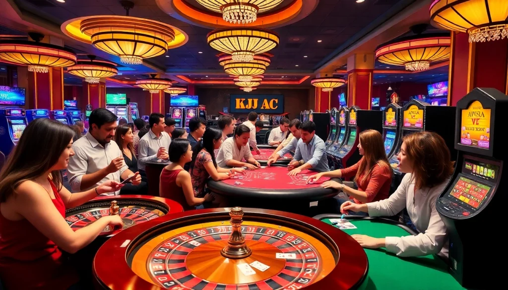 Exciting casino scene with roulette and card games at KJC AC