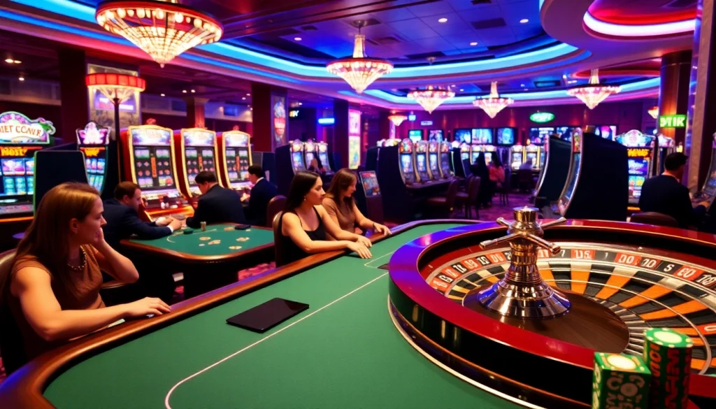 KJC AC casino setting featuring poker tables, roulette wheel, and slot machines.