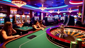 KJC AC casino setting featuring poker tables, roulette wheel, and slot machines.