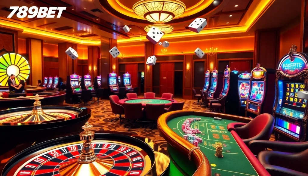 Experience the excitement of 789BET with a vibrant casino scene showcasing roulette, poker, and slot machines.