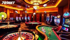 Experience the excitement of 789BET with a vibrant casino scene showcasing roulette, poker, and slot machines.
