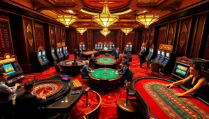 Engaging scene of players enjoying NOHU90 casino games, showcasing vibrant tables and slot machines.