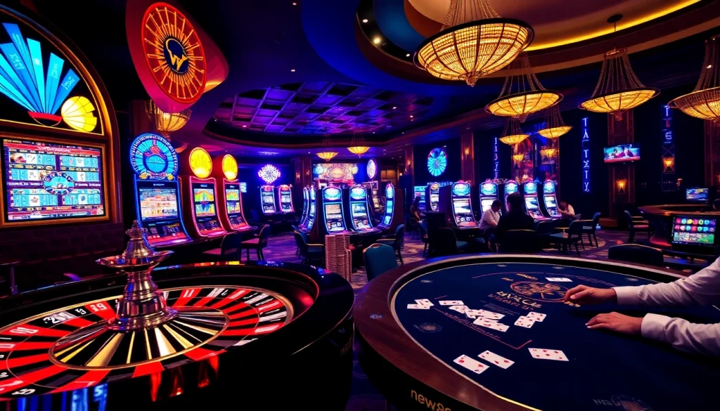 Players enjoying high-stakes action at new888 casino, featuring vibrant slot machines and roulette.