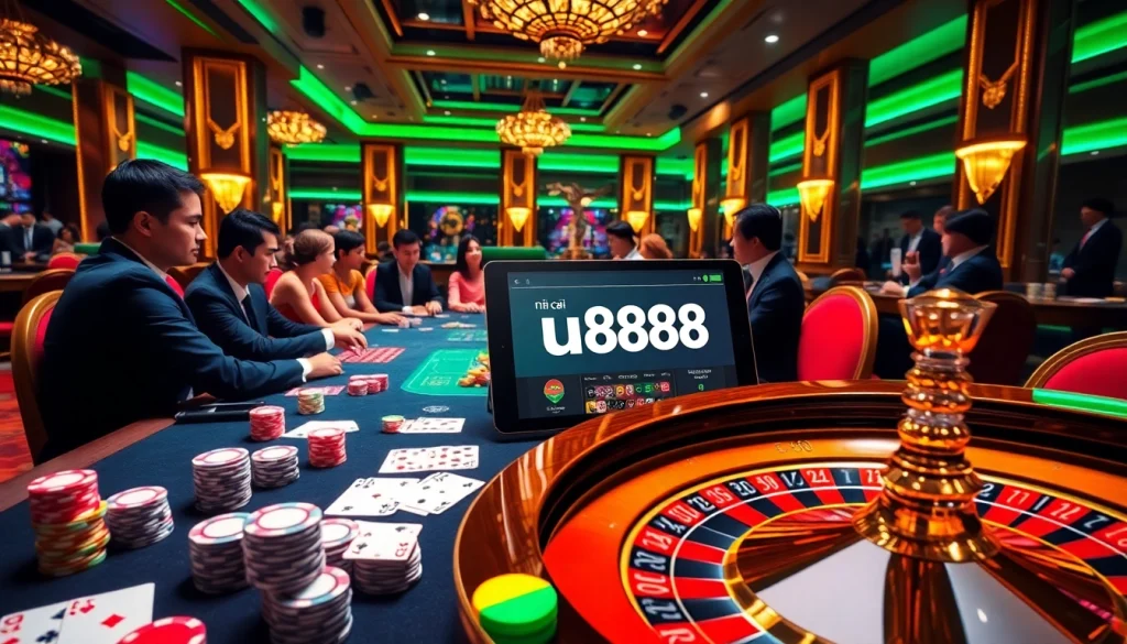 Exciting poker game scene at nhà cái u888 with professional players and vibrant casino atmosphere.