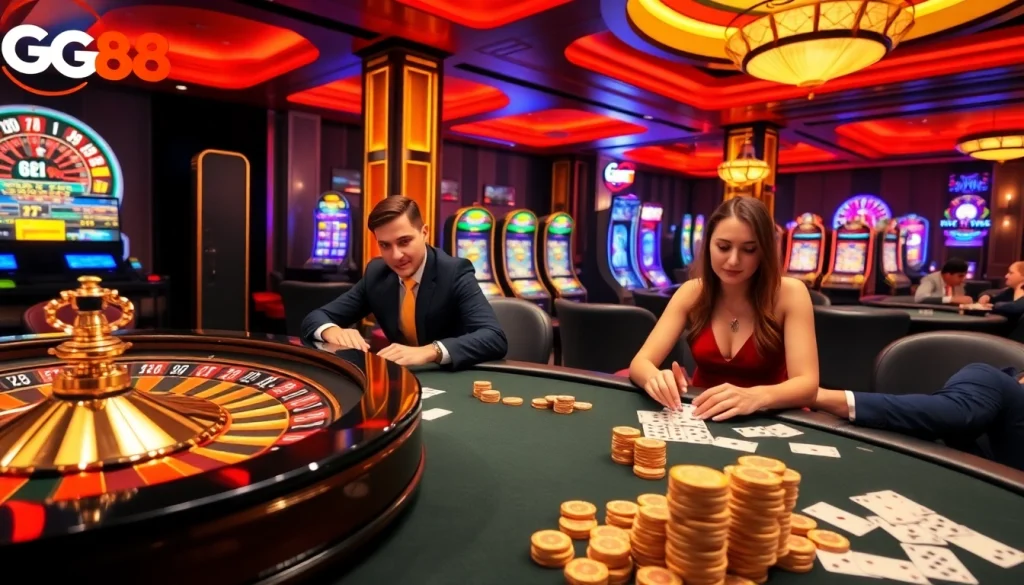 Players enjoying a thrilling game at GG88 casino with vibrant slot machines and poker tables.