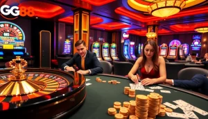 Players enjoying a thrilling game at GG88 casino with vibrant slot machines and poker tables.