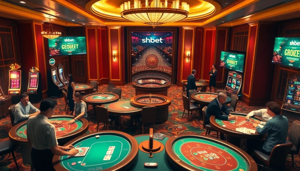Players enjoying a thrilling casino experience with engaging shbet gaming activities, featuring vibrant tables and slot machines.