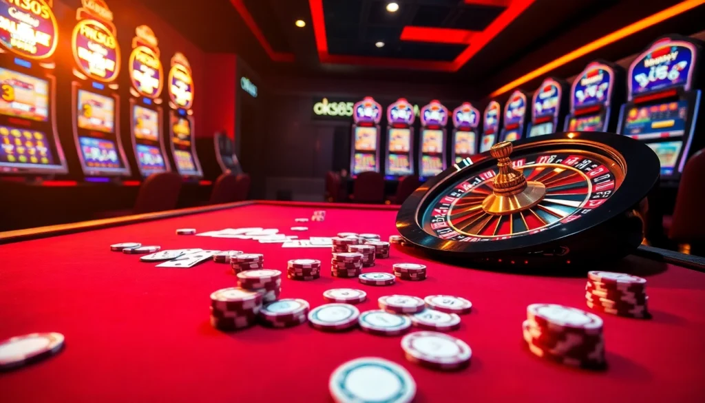 Exciting gaming scene at OK365 casino with poker chips and roulette wheel.