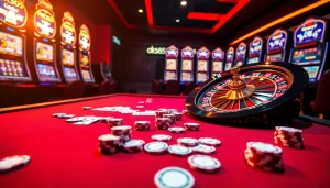 Exciting gaming scene at OK365 casino with poker chips and roulette wheel.