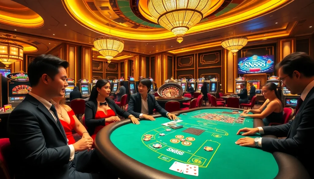 Experience thrilling gameplay at SN888 with vibrant slot machines and excited gamblers.