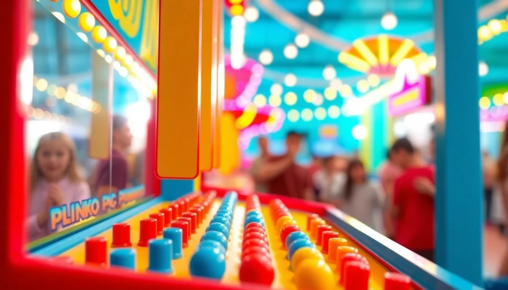 Permainan plinko demo yang menyenangkan dengan papan warna-warni dan bola meluncur.
