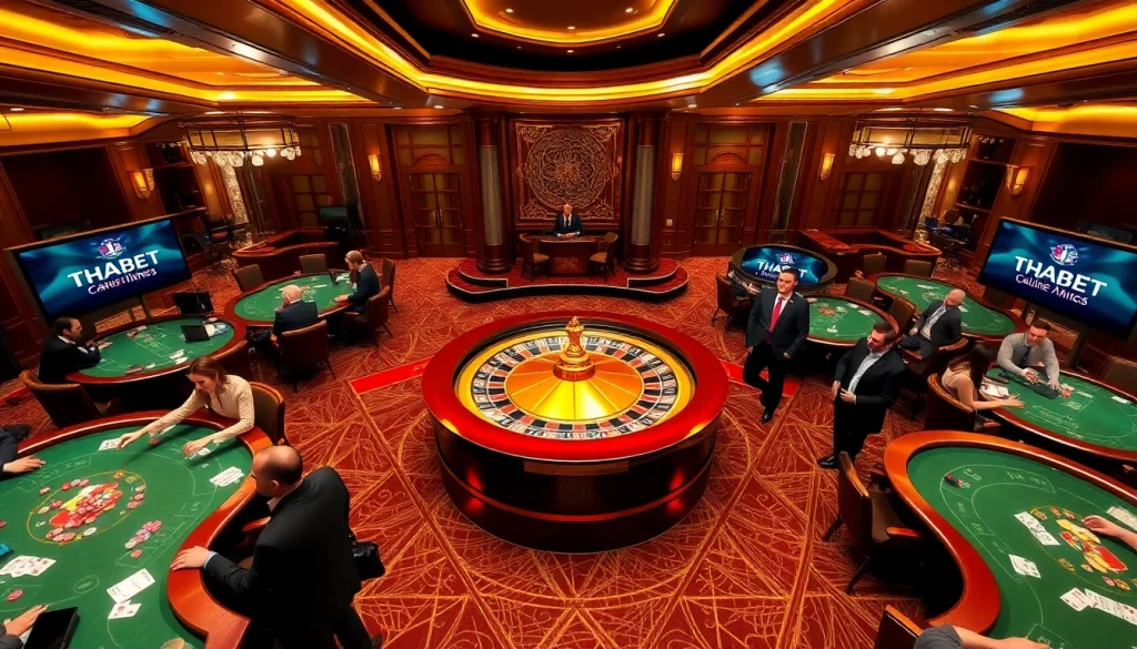 THABET players enjoying a thrilling casino experience with roulette, poker chips, and gaming tables.