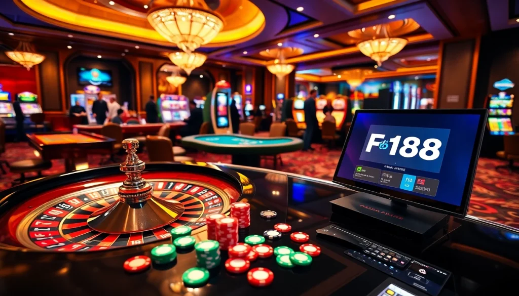 F168 players engaging in exciting online casino games with vibrant poker chips and roulette wheel.