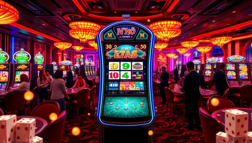 Nổ Hũ slot machine surrounded by excited players in a vibrant casino atmosphere.