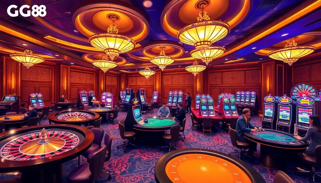 Exciting gaming scene at GG88 casino with roulette wheels and vibrant slot machines.