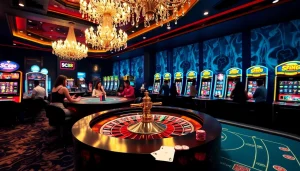 Experience the thrill of gambling at SC88, featuring a vibrant casino scene with roulette and slot machines.