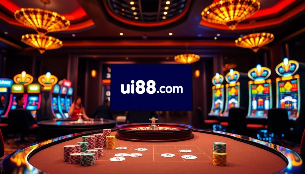 Engaged players at a luxurious casino table showcasing uu88 com gambling experiences with poker and roulette.