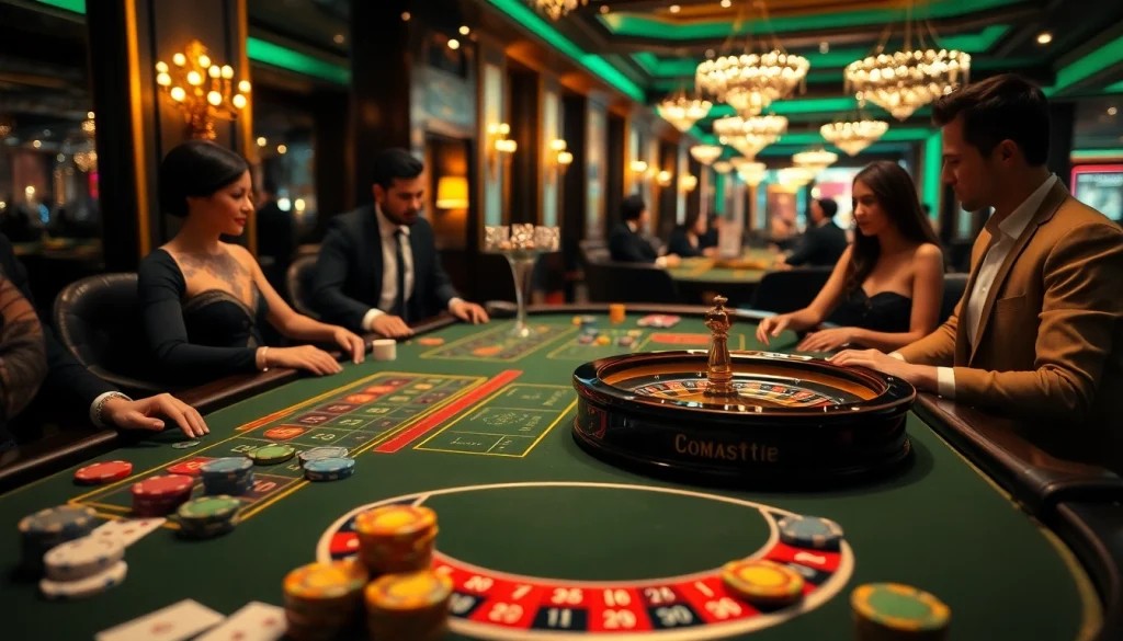 Players enjoy an exciting game of Go8 at a luxurious casino table, showcasing elegant decor and high-stakes action.