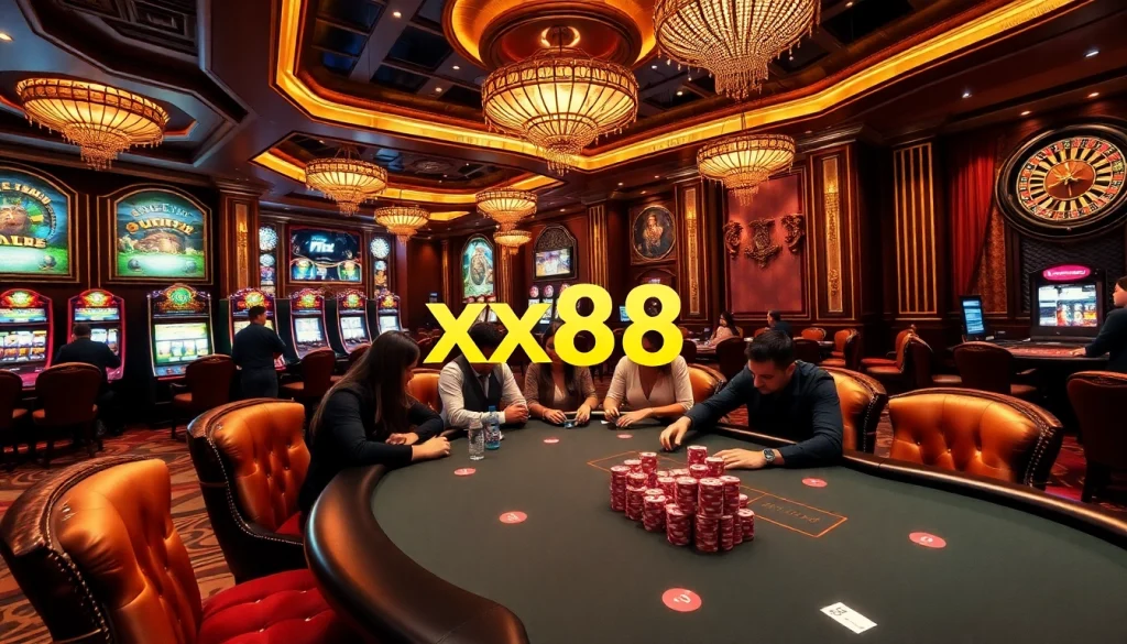 Experience the thrill of xx88 at an upscale casino with poker tables and vibrant ambiance.