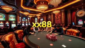 Experience the thrill of xx88 at an upscale casino with poker tables and vibrant ambiance.