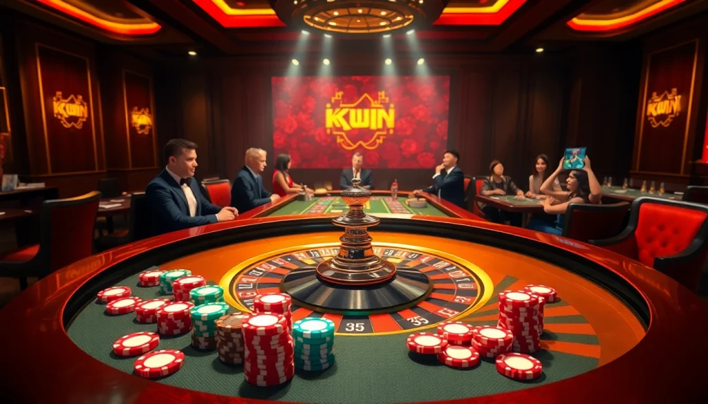 Experience the thrill of kkwin kkwin at a luxurious casino table with vibrant chips and a roulette wheel.